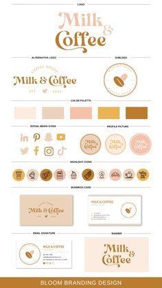 Milk & Coffee Logo - modern logo Branding Package Template, Brand Package Template, Business Branding Template, Patisserie Branding Visual Identity, Brand Identity Kit Template, Brand Kit Examples, Brand Sheet Style Guides, Brand Identity System Design, Canva Brand Kit Colors