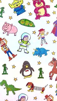 an image of children's cartoon characters on white paper with stars and animals in the background