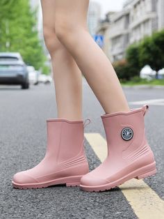 Pink  Collar  PVC Letter,Plain,Tropical  Embellished   Women Shoes Slip-resistant Round Toe Boots For Rainy Weather, Casual Slip-resistant Boots For Rainy Weather, Casual Non-slip Winter Rain Boots, Casual Non-slip Rain Boots, Round Toe Boots For Rainy Outdoor Activities, Casual Wear-resistant Outdoor Boots, Insulated Round Toe Boots For Rain, Insulated Round Toe Boots For Rainy Season, Wear-resistant Closed Toe Outdoor Boots