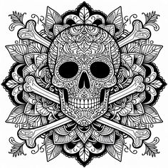 a skull and crossbones in the middle of a floral design with ornate elements