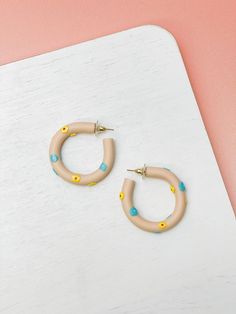 1.50" Hoop Lead Compliant & Nickel Free Trendy Circle Earrings For Spring, Handmade Beige Jewelry For Spring, Yellow Hoop Earrings For Spring, Trendy Spring Hoop Earrings, Trendy Beige Jewelry For Spring, Spring Hoop Earrings For Everyday, Spring Flower Hoop Earrings, Trendy Small Hoop Earrings For Spring, Spring Hoop Jewelry For Everyday Wear