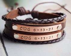 "Initial Couple bracelet, Couple Initial Bracelets, Couple bracelet set, Anniversary jewelry, Couple Gifts, Couples Jewelry, Couple name Gift These new creation handmade bracelets are for couples gift, wedding anniversary gift, your sister gifts, your mother gifts, your best friends, unisex options. Metal+Leather band+custom information= Cool style I can hand stamped any information into the bracelets. It's personal choices. To see my details about the bracelets: * The unit price is for ONLY ONE bracelet, if you need couples, please choose in qty 2 when order. * adjustable band * band color: brown & black * metal color: silver / gold / copper * max characters: 16 * thickness: about 0.12\" * width: about 1/4\" + 0.2\" round braid leather To see my any other Personalized bracelets,click http Adjustable Hand Stamped Bracelet For Valentine's Day, Valentine's Day Adjustable Hand Stamped Bracelets, Adjustable Hand-stamped Bracelet For Valentine's Day, Valentine's Day Adjustable Hand Stamped Bracelet, Valentine's Day Adjustable Hand-stamped Bracelet, Adjustable Name Bracelets For Valentine's Day, Personalized Brown Bracelet Jewelry, Handmade Adjustable Bracelets For Anniversary, Adjustable Brown Jewelry For Personalized Gift