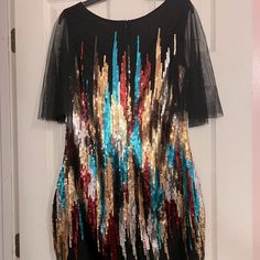 New! Colorful Sequin Dress. Never Worn. I Loved It, Bought It And Nowhere To Wear It Sheer Bottom Hem And Sleeves. Actual Measurements Are In Pics. Super Pretty! Black Sequined Celebration Dress, Black Sequined Dress For Celebration, Multicolor Summer Dress For Celebration, Summer Celebration Multicolor Dress, Multicolor Short Sleeve Dress For Party, Short Sleeve Party Dresses For Festive Season, Festive Short Sleeve Party Dresses, Multicolor Spring Celebration Dress, Multicolor Short Sleeve Mini Dress For Party