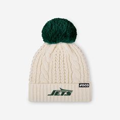 New York Jets Womens Primary Logo White Cable Knit Pom Beanie FOCO - FOCO.com Winter Headwear, Nfl Teams Logos, Logo Display, Nfl Logo, Stretchy Headbands, Acrylic Fabric, Pom Beanie, New York Jets, National Football League