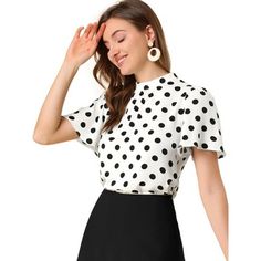 Designed to be versatile, this piece is perfect for work, holidays and everywhere in-between. Simple and vintage, this top is a good option for your next workday. Sweetly spotted and gracefully flare sleeves, this polka dots print top is a charming addition to any look. Pair with skinny jeans or skirt for a chic look. Fitted Polka Dot Blouse For Work, Vintage Polka Dot Blouse For Workwear, Vintage Polka Dot Blouse For Work, Retro Black Tops For Work, Polka Dot Short Sleeve Blouse For Work, Stand Collar Shirt, Flared Sleeves Top, Flare Sleeves, Womens Business Casual