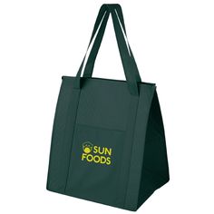 the sun foods tote bag is green and has yellow lettering on it, which says sun foods