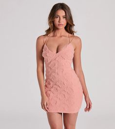 Create a romantic look in this mini dress perfect for bridal showers to graduations! The sleeveless dress features a V-neckline, sleek bungee spaghetti straps that create the open strappy back design, a bodycon fit, and is composed of a textured lace-lined fabric. Complete the look in strappy heels.Fit & FeaturesSleeveless V-necklineBungee spaghetti strapsOpen strappy back designBodycon silhouetteMini-length hemLined textured lace, moderate stretchRuns true to size Chic V-neck Mini Dress With Delicate Straps, V-neck Mini Dress With Delicate Straps For Party, V-neck Mini Dress With Straps For Date Night, Feminine Party Mini Dress With Adjustable Straps, Feminine Mini Dress With Adjustable Straps For Party, Feminine V-neck Mini Dress For Prom, Spring Bridesmaid Mini Dress With Spaghetti Straps, Flirty Dress With Delicate Straps For Brunch, Feminine V-neck Mini Dress With Delicate Straps