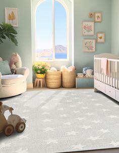 a baby's room with a crib, rocking horse and large window overlooking the ocean