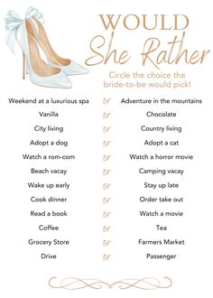 a poster with the words would she rather wear? and an image of a high heeled shoe