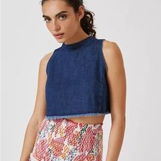 Versatile Denim Tank By Pilcro From Anthropologie. Nwt. Size Large. Trendy Sleeveless Denim Crop Top, Chic Sleeveless Denim Crop Top, Sleeveless Denim Blue Cotton Top, Denim Blue Cotton Tank Top, Cropped Denim Blue Tank Top, Denim Tank, Anthropologie Top, Crop Tank, Anthropologie