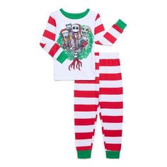 Happy Holidays from your favorite skeleton friend! The Long-Sleeve Top & Pants Set will be a sure hit for your child whos a fan of The Nightmare Before Christmas, featuring a striped pattern and Christmas-themed Jack Skellington graphic for all the spooky holiday vibes. Made with comfort in mind and a cozy polyester mix fabric, your child will enjoy this pajama set as he chills at home or catching some Zzzs. Size: 8.  Color: White.  Gender: male.  Age Group: kids. Christmas Nightmare Before Christmas, Boys Footed Pajamas, Snowman Baby, Black Pokemon, Christmas Pajama Set, Holiday Vibes, Christmas Pjs, Holiday Pajamas, One Piece Pajamas