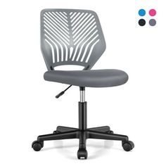 an office chair with wheels on the back and seat upholstered in grey fabric