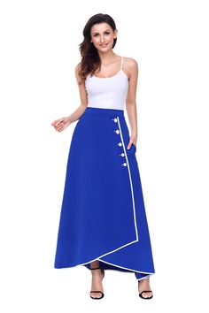 Royal Blue Piped Button Embellished High Waist Maxi Skirt Chic Blue A-line Maxi Skirt, Asymmetrical Button Skirt For Spring, Spring Asymmetrical Buttoned Skirt, Spring Asymmetrical Skirt With Buttons, Blue High-waisted Skirt With Button Closure, High Waist Blue Skirt With Button Closure, Blue Midi Skirt With Button Closure, Blue Buttoned Skirt, Blue Buttoned Skirt For Spring