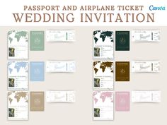 the passport and airline ticket wedding invitation is displayed in front of a white background with different colors