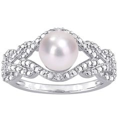 Accented with shimmering diamonds, this Stella Grace freshwater cultured pearl ring offers sophisticated style. Accented with shimmering diamonds, this Stella Grace freshwater cultured pearl ring offers sophisticated style. Width: 10.1 mm Metal: sterling silver Plating: rhodium Finish: polished Packaging: boxedDIAMOND DETAILS Total weight: less than 1/10 ct. Shape: round Setting: prongCULTURED PEARL DETAILS Type: freshwater Size: 7 mm - 7.5 mm Shape: round Color: white Diamond weights are approx Diamond White Pearl Ring With Diamond Accents For Promise, White Pearl Rings With Diamond Accents, Silver Pearl Rings With Diamond Accents, Silver Rings With Diamond Accents And Pearl, White Pearl Ring With Diamond Accents For Anniversary, Elegant White Infinity-shaped Diamond Ring, Elegant White Infinity Diamond Ring, Elegant White Diamond Infinity Ring, Cultured Pearl Ring