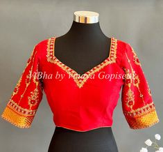 Blouse size: 38 All the Blouses have enough room to adjust to next two sizes above or below the standard size. Festival Blouse With Embroidered Border For Reception, Festival Embroidered Border Blouse For Reception, Bollywood Style Blouse With Embroidered Border For Receptions, Traditional Blouse With Embroidered Border For Receptions, Red V-neck Blouse With Floral Embroidery, Embroidered V-neck Designer Wear Tops, Embroidered V-neck Designer Tops, Red Embroidered Top For Wedding And Festive Occasions, Embroidered V-neck Top For Designer Wear