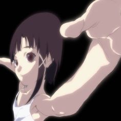 an anime character is pointing to the right with her hand on top of her head