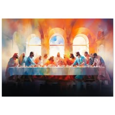 a painting of the last supper of jesus on a long table with people sitting at it