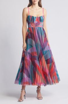 Hutch Amara Floral Bustier Pleated Fit & Flare Dress | Nordstrom Cocktail Outfits, Midi Gown, Knife Pleated Skirt, Midi Gowns, Wedding Aesthetics, Dessy Collection, Floral Bustier, Orange Fits, Vibrant Flowers