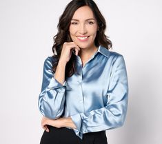 It's an occasion to celebrate! Slip into this silky, exquisitely tailored top and make a joyful entrance. From BEAUTIFUL by Lawrence Zarian. Anniversary Shoot, Concert Outfits, Satin Blouses, Satin Blouse, Tall Women, Blue Satin, Corsets, Concert Outfit, Stand Collar