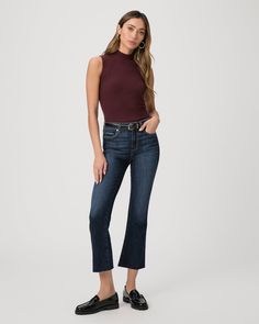 This high-rise cropped flare is slim through the hip and thigh with a kick flare below the knee that finishes above the ankle. Cut from our TRANSCEND VINTAGE denim in a timeless vintage-inspired dark wash with lived-in details and a raw hem, this pair has the look of authentic vintage denim but is incredibly comfortable with plenty of stretch and recovery. | Colette Crop Flare Jean - Shipwreck Blue | Size 23 Chic Dark Wash Flare Cropped Jeans, Dark Wash Cropped Flare Jeans With Five Pockets, Trendy Dark Wash Cropped Flare Jeans, Dark Wash Cropped Flare Jeans, Dark Wash Rigid Denim Cropped Flare Jeans, Men Store, Cropped Flare Jeans, Kick Flares, Denim Shoes