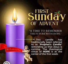 a candle with an angel on it and the words first sunday of adent written below