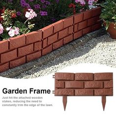 the garden frame is made out of bricks and has flowers growing in it, along with gravel