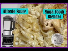 an image of alfredo sauce with chicken and noodles in the blender next to it