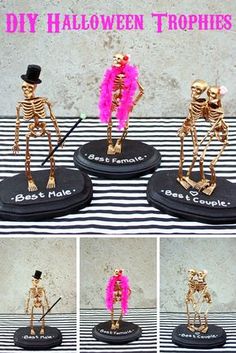 there are four pictures of skeletons with pink feathers on their heads and legs, one is holding a cane