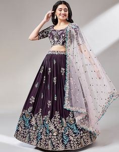 🌟 Step into timeless elegance with our Burgundy Poly Georgette Lehenga Choli! ✨ Elevate your style with this mesmerizing ensemble, perfect for adding a touch of grace and charm to your special occasions and celebrations. 🍷👗 #PolyGeorgetteLehengaCholi #BurgundyElegance #ChicFashion #SpecialOccasions #CelebrateInStyle Purple Intricate Embroidered Georgette Fabric, Purple Georgette Sharara With Floral Embroidery, Diwali Embellished Multicolor Embroidery Sets, Bollywood Style Purple Embroidered Georgette Fabric, Purple Bollywood Style Embroidered Georgette Fabric, Bollywood Style Embellished Multicolor Embroidery Sets, Embellished Multicolor Embroidery Choli For Wedding, Fitted Purple Embroidered Fabric For Eid, Purple Georgette Embroidered Fabric For Reception