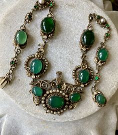 Stunning Victorian Austro Hungarian Green Chrysoprase Pearl Silver Gilt Royal Crown Antique Necklace Formal Green Cabochon Necklace, Ornate Green Jewelry With Jewels, Heirloom Green Cabochon Jewelry, Victorian Jeweled Necklaces For Formal Occasions, Vintage Green Emerald Necklace For Formal Occasions, Traditional Cabochon Necklace For Formal Occasions, Traditional Formal Cabochon Necklace, Victorian Cabochon Necklace For Wedding, Ornate Green Pendant Necklace