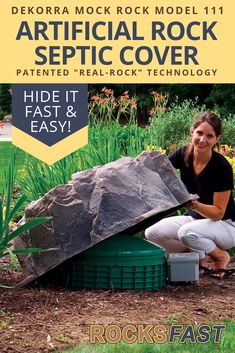 a woman kneeling down next to a rock in the middle of a field with text that reads