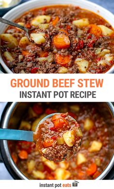 ground beef stew with potatoes and carrots in an instant pot recipe is ready to be eaten