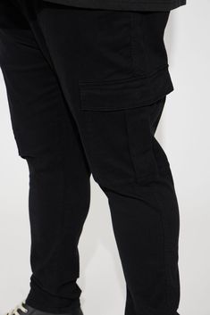 Available In Black, Khaki Button Closure Zip Fly Side Pockets Back Pockets Cargo Pockets Slim Fit 98% Cotton 2% Spandex Imported | Mens Kyle Cargo Pants in Black size 34 by Fashion Nova Black Cargo Jeans With Tapered Leg And Hip Pockets, Black Tapered Leg Cargo Jeans, Black Straight Leg Chinos With Pockets, Black Chinos With Side Pockets For Work, Black Mid-rise Work Pants With Pockets, Mid-rise Black Work Pants With Pockets, Black Bottoms With Multiple Pockets And Tapered Leg, Black Tapered Leg Bottoms With Multiple Pockets, Casual Black Bottoms With Button Closure