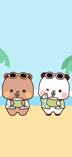 two cartoon bears on the beach with palm trees in the backgroung and one bear wearing sunglasses