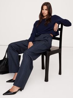 Relaxed Wide-Leg Italian Wool Pant | Banana Republic Navy Pinstripe Pants Outfit, Pinstripe Pants Outfit, Work Photos, Dressy Jeans, Women's Workwear Fashion, Stylish Work Attire, Legging Fits, Pinstripe Pants, Petite Shorts