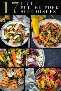 a collage of images with different types of salads and side dishes on them