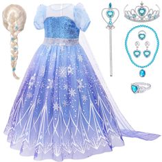 PRICES MAY VARY. 9 Pcs Princess Elsa Dress for Girls: Including 1 princess Elsa dress, 1 blonde wig, 1 magic wand, 1 crown, 1 necklace, 1 ring, 1 bracelet and 2 earrings. Dress up your lovely girl as her favourite snow queen in this stylish Elsa costume and a wealth of accessories. Unique Design: Sequins sparkle on the chest and a snowflake pattern embellishes the entire dress, the wig is decorated with snowflakes, the long cape is detachable, with gradient colors creating a dreamy feel. Once yo Frozen Princess Costume, Princess Elsa Dress, Toddler Princess Dress, Frozen Elsa Dress, Costume For Girls, Baby Costumes Girl, Elsa Costume, Long Cape, Elsa Dress