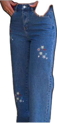 Embroidered Straight Leg Denim Blue Jeans, Trendy Denim Jeans With Floral Embroidery, Trendy Floral Embroidered Denim Jeans, Trendy Embroidered Denim Jeans, Embroidered Cotton Jeans In Denim Blue, Embroidered Denim Blue Cotton Jeans, Embroidered Medium Wash Denim Pants, Trendy Medium Wash Jeans With Floral Embroidery, Embroidered Straight Leg Denim Jeans