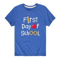 Give him a fun back to school look with this "First Day Of School" boys' graphic tee. Give him a fun back to school look with this "First Day Of School" boys' graphic tee. Crewneck Short sleevesFABRIC & CARE Heathered: cotton, polyester; Solid: cotton Machine wash Imported Size: Medium. Color: Blue. Gender: male. Age Group: kids. Material: Cotton Blend. School Look, First Day Of School Outfit, School Tees, 1st Day Of School, Boys Graphic Tee, School Looks, Too Cool For School, School Boy, Going Back To School