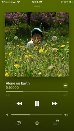 the screen shows an image of a child in a field with dandelions and purple flowers