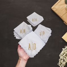 "Our monogrammed handkerchiefs are a classic accessory that will never go out of style. Made from high-quality cotton and embroidered with your chosen initials, they're a versatile addition to any outfit. These handkerchief is not only stylish but also practical, use it to wipe away tears at weddings or as a sentimental memento from any formal event.  Perfect for weddings, graduations, funerals, or births. Our monogrammed handkerchiefs are a classic accessory that never goes out of style. They're perfect for both men and women, adding sophistication to any outfit. - 11\"x11\" Square - Scalloped Edging - Soft and Lightweight - Cotton Ideal for large gatherings and can be purchased in bulk.  Contact me for a large order discount." Classic Cotton Handkerchiefs As Gift, Classic Handkerchiefs With Initials For Wedding Gift, Classic Monogram Handkerchiefs For Wedding Gift, Classic Customizable Handkerchiefs For Gift, Monogrammed Handkerchiefs, Embroidered Hankies, Pocket Handkerchief, Fall Headbands, Ripped Tshirt