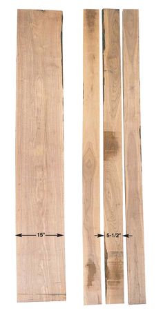 three pieces of wood are shown with measurements