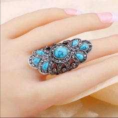 Antique Women’s Ring Beautiful Luxury Vintage Look Blue Resin Bohemian Silvee Color Inlay Aaa Gray Super Cute Brand New Size 10 Antique Rings Vintage, Sunflower Ring, Turquoise Boho, Antique Ring, Geometric Ring, Boho Accessories, Crystal Charm, Color Ring, Women Vintage