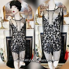 Vintage Art Deco 1920's beaded Oriental Sheer Net Flapper Dress size Uk 8 US 4 Description... --------------------------- This vintage flapper-style dress is a striking example of 1920s-inspired glamour, featuring a sheer black fabric adorned with intricate, heavily clustered sequins. The embellishment, meticulously crafted on both the front and back, creates a captivating pattern that shimmers with every movement. The long sleeves add an element of sophistication, balancing the bold allure of t Black Mesh Dress, Net Dress, Art Deco 1920s, Flowing Skirt, Classic Beauty, Mesh Dress, Black Mesh, Fitted Bodice, Vintage Chic