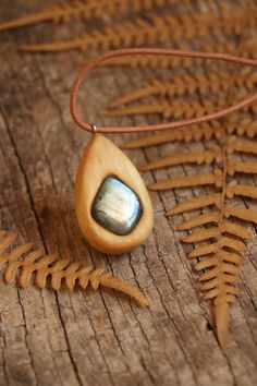 a wooden necklace with a blue and white stone in the center on a brown cord