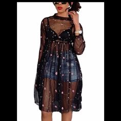 Sexy Women Floral Embroidery Dress Sheer Mesh/Swimsuit Coverup Long Sleeve Princess Dress, Summer Dresses Knee Length, Robes Glamour, Sheer Mesh Dress, Embroidered Midi Dress, Dress Knee Length, Glamorous Dresses, Clubwear Dresses, Aline Dress