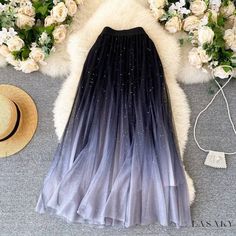 Lasaky - Starry Sky Gradient Sequin Midi Skirt, High Waist with Pleated Design, Embellished with Sheer Tulle Fabric Celestial Dress, Mesh Maxi Skirt, Tulle Long Skirt, Sequin Midi Skirt, High Waist Long Skirt, Skirt High Waist, Tulle Fabric, Types Of Skirts, Gradient Color