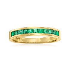 Ross-Simons - .50 ct. t. w. Emerald Ring in 14kt Yellow Gold. Size 6. This ring is the perfect choice for when you need a little color to brighten up your day. Here, .50 ct. t. w. emerald squares are channel-set in a band of polished 14kt yellow gold. 1/8" wide. Emerald ring. Emerald birthstones are the perfect gift for May birthdays. May Birthdays, Emerald Birthstone, May Birthday, Ring Emerald, Emerald Ring, Band Rings, Wedding Bands, Emerald, Jewelry Rings