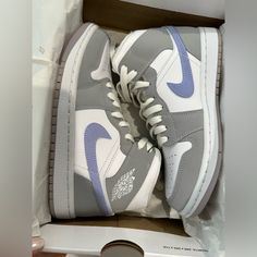 Jordan 1 Mid Wolf Grey Aluminum Wide *Worn Once* Jordan 1 Mid Wolf Grey, Jordan Purple, Shoes Jordan 1, Shoes Jordan, Womens Jordans, Jordan 1 Mid, Jordan Shoes, Jordan 1, Womens Shoes Sneakers